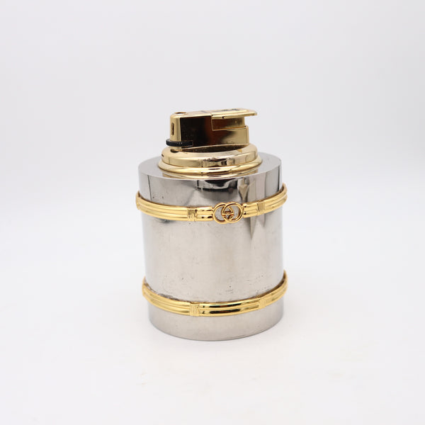 GUCCI 1980 Milano Desk Butane Lighter In Chromed Steel And Gold Accents