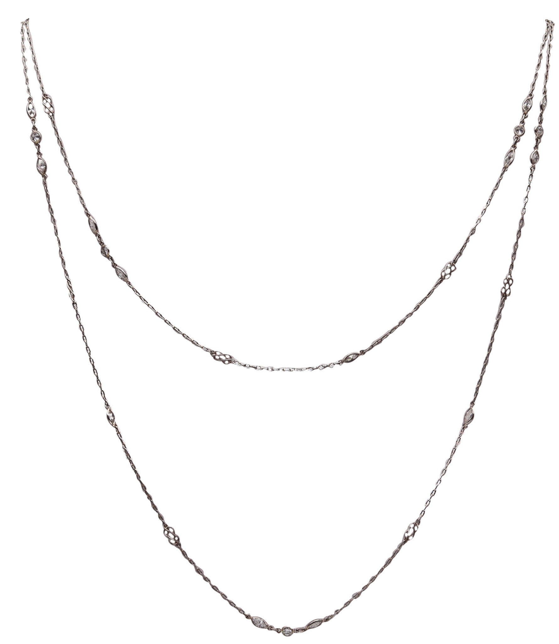 -Art Deco 1930 Long Stations Chain Necklace In Platinum With 2.50 Ctw In Diamonds