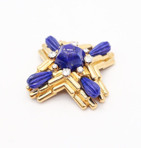 ALDO CIPULLO 1970 Maltese Pendant Brooch In 18Kt Gold With Diamonds & Lapis Lazuli