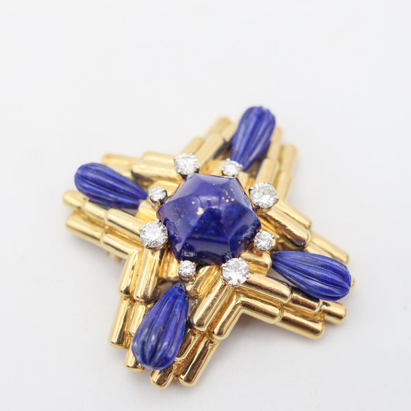 ALDO CIPULLO 1970 Maltese Pendant Brooch In 18Kt Gold With Diamonds & Lapis Lazuli