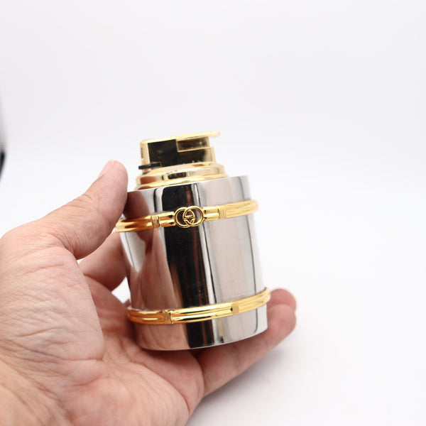 GUCCI 1980 Milano Desk Butane Lighter In Chromed Steel And Gold Accents