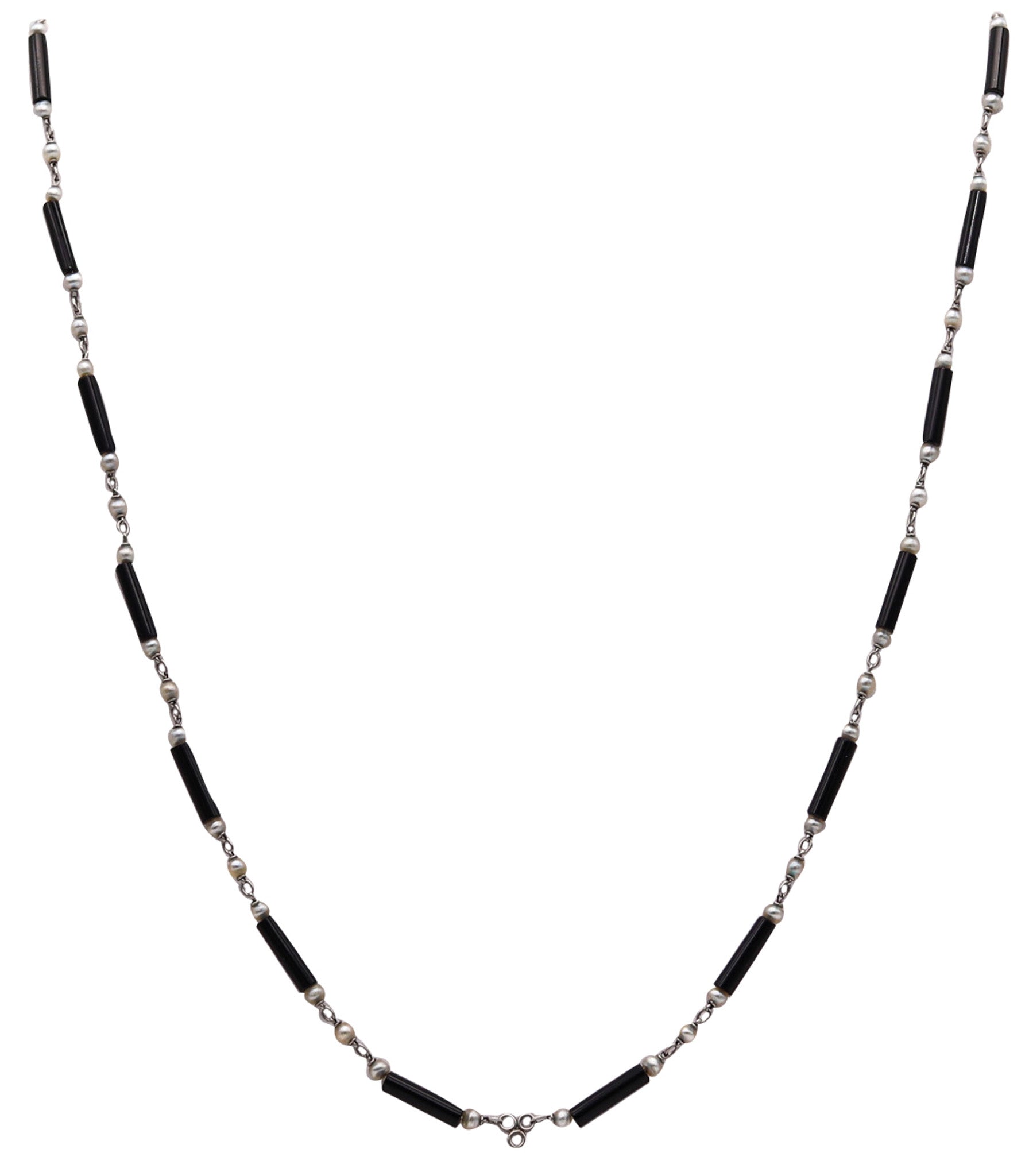 -Art Deco 1925 Long Sautoir Stations Necklace In Platinum With Pearls And Onyxes