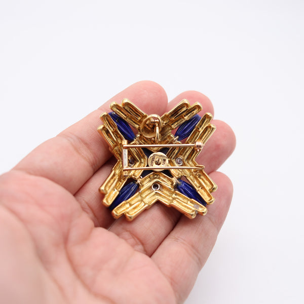 ALDO CIPULLO 1970 Maltese Pendant Brooch In 18Kt Gold With Diamonds & Lapis Lazuli