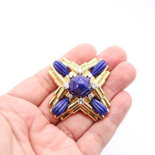 ALDO CIPULLO 1970 Maltese Pendant Brooch In 18Kt Gold With Diamonds & Lapis Lazuli