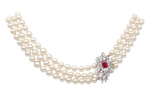 GARRARD & CO. Pearls Necklace 18Kt Gold With 7.42 Cts Diamonds & GIA Burmese Ruby