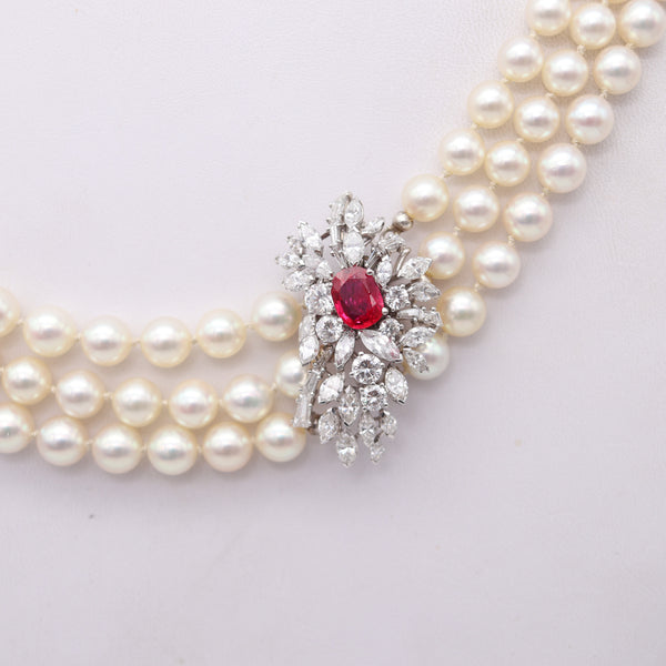 GARRARD & CO. Pearls Necklace 18Kt Gold With 7.42 Cts Diamonds & GIA Burmese Ruby