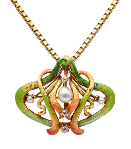 -American 1890 Art Nouveau Enamel Brooch In 14Kt Gold With Diamonds And Pearls