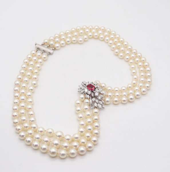 GARRARD & CO. Pearls Necklace 18Kt Gold With 7.42 Cts Diamonds & GIA Burmese Ruby