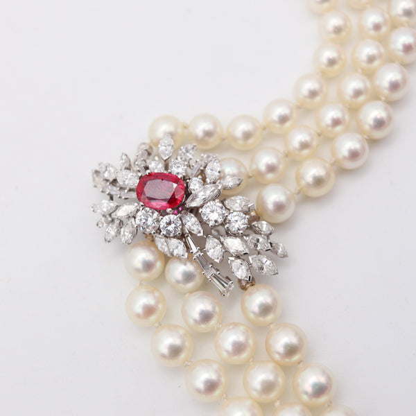 GARRARD & CO. Pearls Necklace 18Kt Gold With 7.42 Cts Diamonds & GIA Burmese Ruby