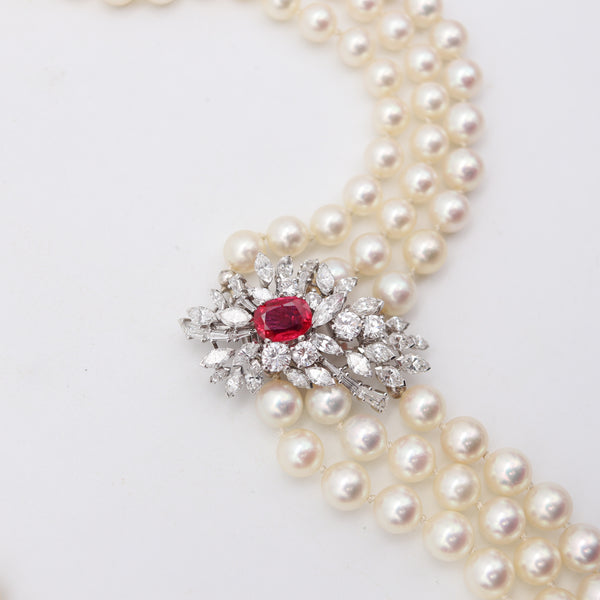 GARRARD & CO. Pearls Necklace 18Kt Gold With 7.42 Cts Diamonds & GIA Burmese Ruby