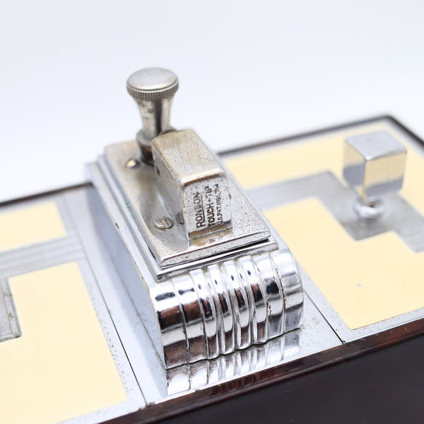 RONSON 1935 Machine Age Brown Lacquer Desk Double Box Touch Tip Striker