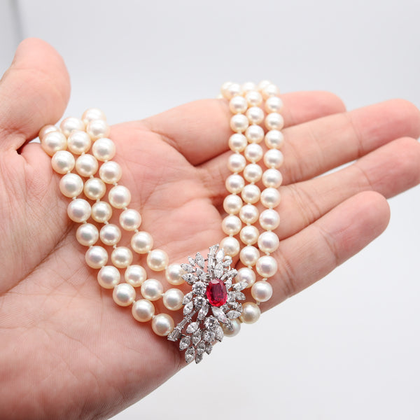 GARRARD & CO. Pearls Necklace 18Kt Gold With 7.42 Cts Diamonds & GIA Burmese Ruby