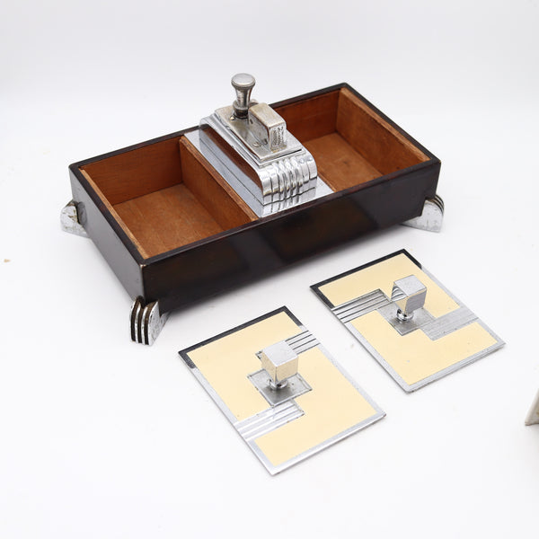 RONSON 1935 Machine Age Brown Lacquer Desk Double Box Touch Tip Striker
