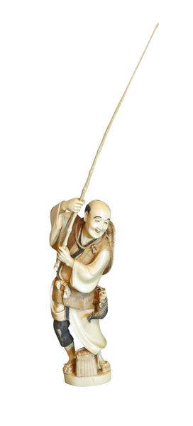 OKIMONO 1890 Japan Meiji Period Carved Sculpture Of Ebisu As Fisherman