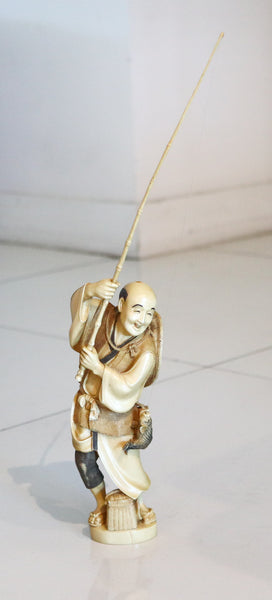OKIMONO 1890 Japan Meiji Period Carved Sculpture Of Ebisu As Fisherman
