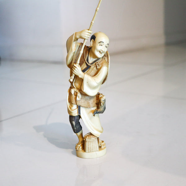 OKIMONO 1890 Japan Meiji Period Carved Sculpture Of Ebisu As Fisherman