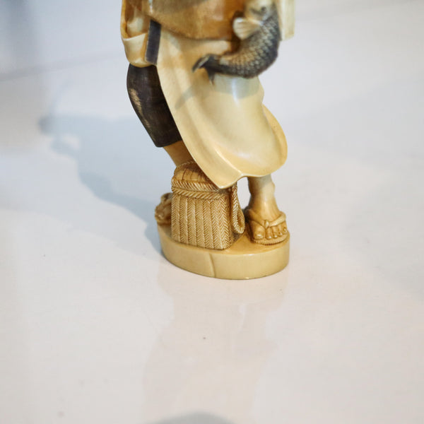 OKIMONO 1890 Japan Meiji Period Carved Sculpture Of Ebisu As Fisherman