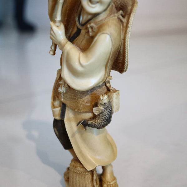 OKIMONO 1890 Japan Meiji Period Carved Sculpture Of Ebisu As Fisherman