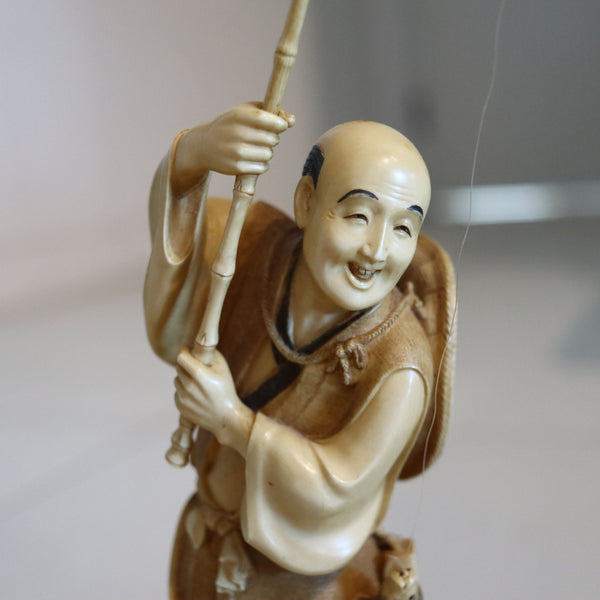 OKIMONO 1890 Japan Meiji Period Carved Sculpture Of Ebisu As Fisherman