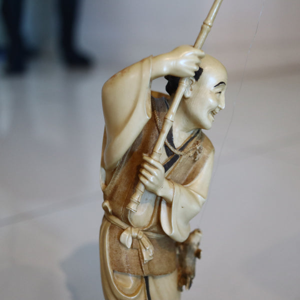 OKIMONO 1890 Japan Meiji Period Carved Sculpture Of Ebisu As Fisherman