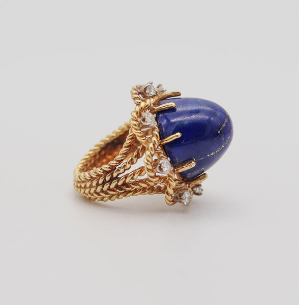 RETRO MODERN 1960 Cocktail Ring In 18Kt Yellow Gold With Lapis And Diamonds