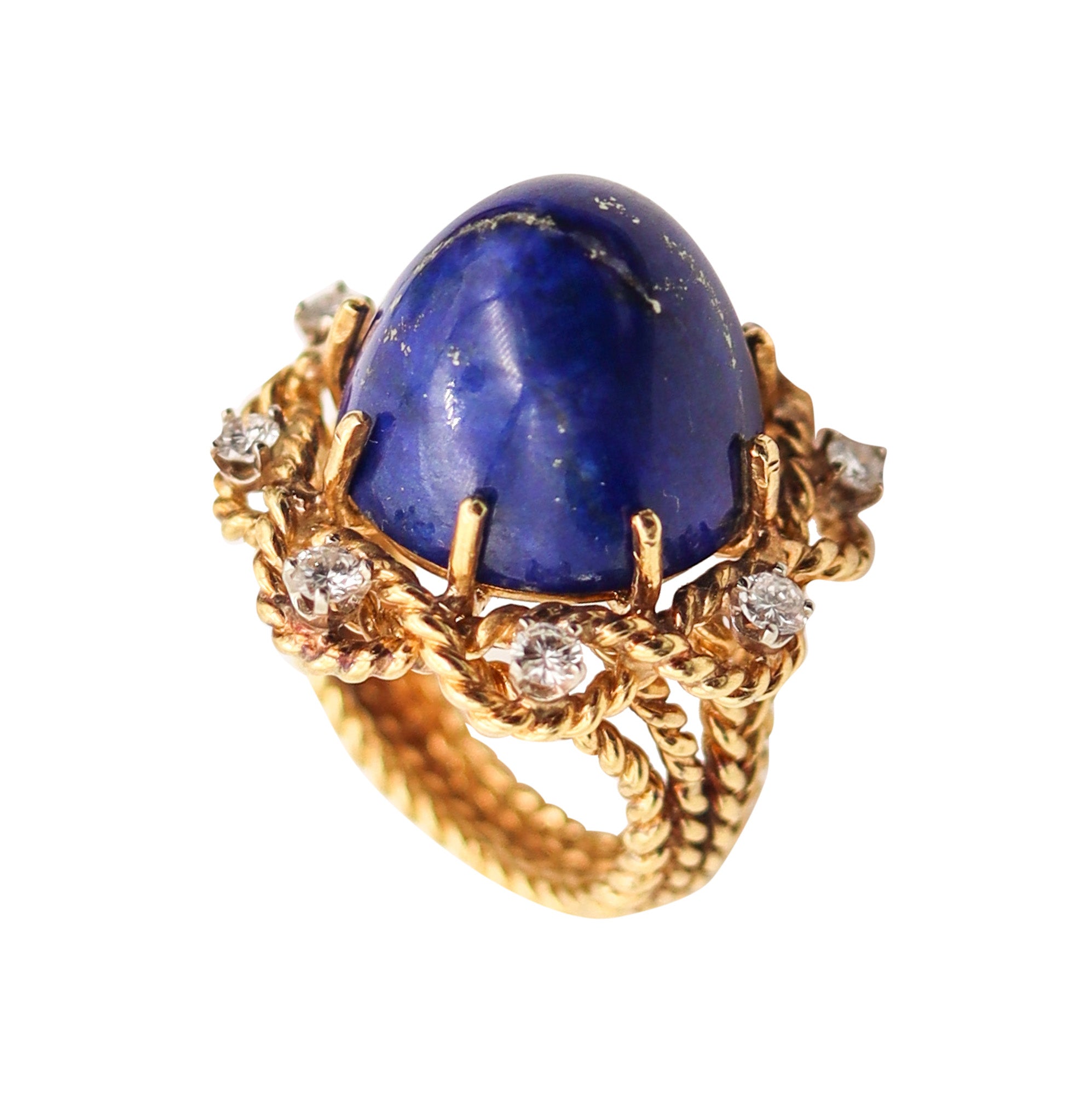 RETRO MODERN 1960 Cocktail Ring In 18Kt Yellow Gold With Lapis And Diamonds