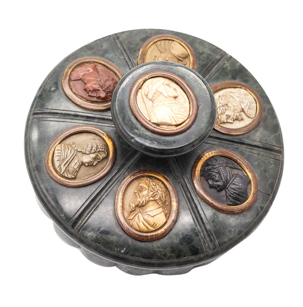 ITALIAN 1820 Grand Tour Inkwell In Marble Carved Lava & Vesuvius Gouache