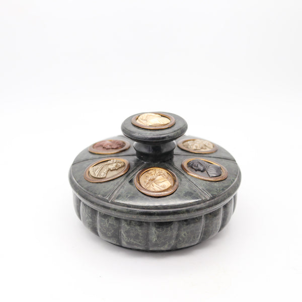 ITALIAN 1820 Grand Tour Inkwell In Marble Carved Lava & Vesuvius Gouache