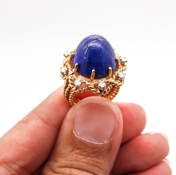 RETRO MODERN 1960 Cocktail Ring In 18Kt Yellow Gold With Lapis And Diamonds