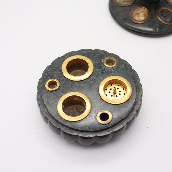 ITALIAN 1820 Grand Tour Inkwell In Marble Carved Lava & Vesuvius Gouache