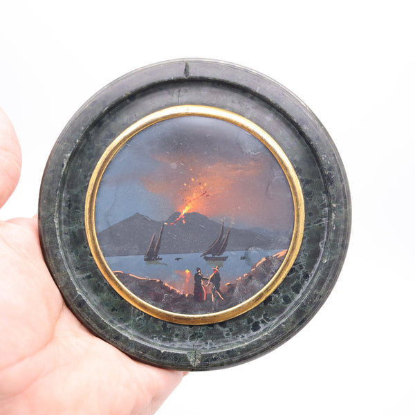 ITALIAN 1820 Grand Tour Inkwell In Marble Carved Lava & Vesuvius Gouache
