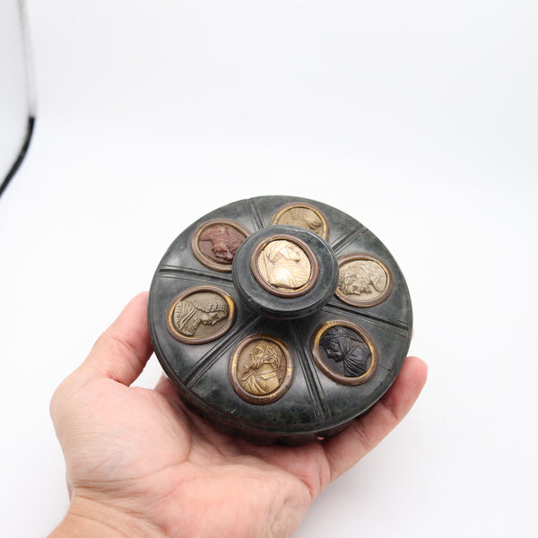 ITALIAN 1820 Grand Tour Inkwell In Marble Carved Lava & Vesuvius Gouache