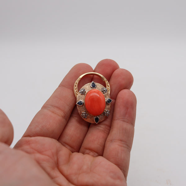 -Convertible Pendant Ring In 18Kt Gold With Ctw In Diamonds Sapphires And Coral