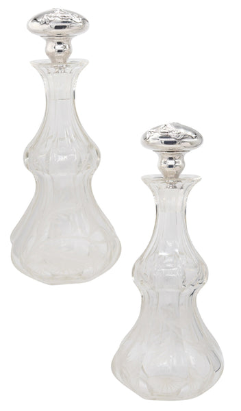 BOHEMIAN 1900 Pair of Liquors Decanters In Cut-Crystal And Sterling Silver