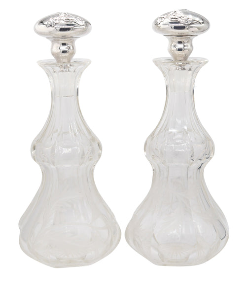BOHEMIAN 1900 Pair of Liquors Decanters In Cut-Crystal And Sterling Silver