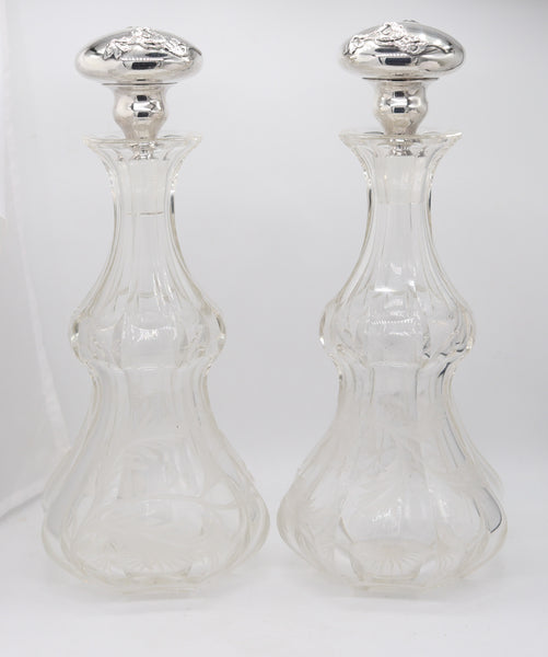 BOHEMIAN 1900 Pair of Liquors Decanters In Cut-Crystal And Sterling Silver