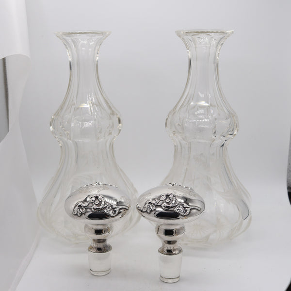 BOHEMIAN 1900 Pair of Liquors Decanters In Cut-Crystal And Sterling Silver