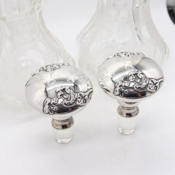 BOHEMIAN 1900 Pair of Liquors Decanters In Cut-Crystal And Sterling Silver