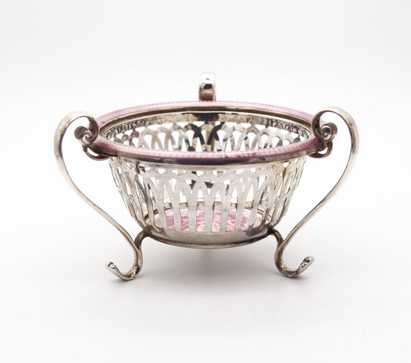 EDWARDIAN 1909 Guilloche Enameled Tripod Basket Vase In .925 Sterling Silver