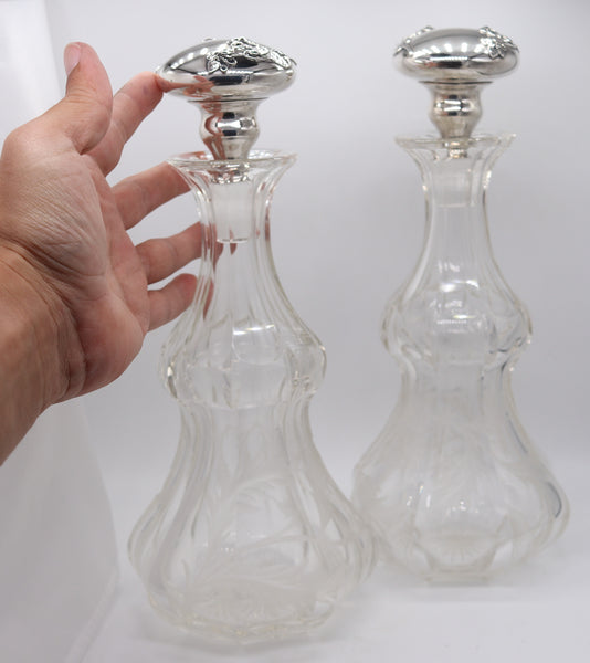BOHEMIAN 1900 Pair of Liquors Decanters In Cut-Crystal And Sterling Silver
