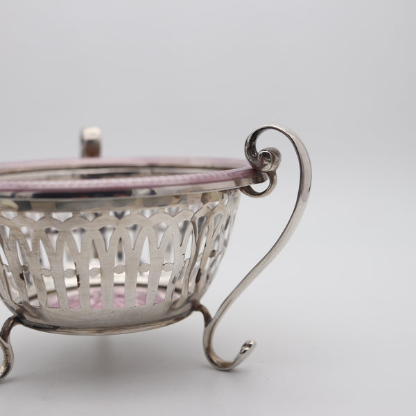 EDWARDIAN 1909 Guilloche Enameled Tripod Basket Vase In .925 Sterling Silver