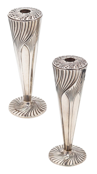 Art Deco 1930 Pair Of Geometric Table Flowers Vases In Solid .925 Sterling Silver