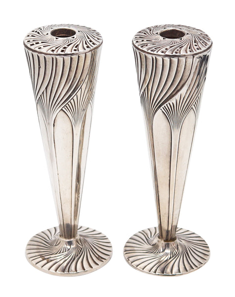 Art Deco 1930 Pair Of Geometric Table Flowers Vases In Solid .925 Sterling Silver
