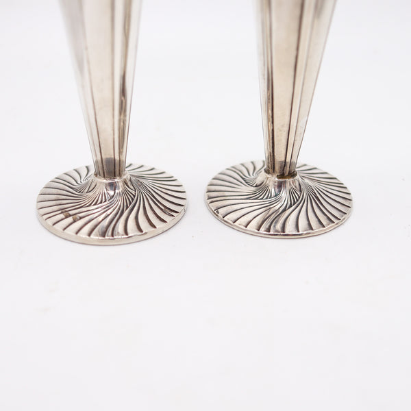 Art Deco 1930 Pair Of Geometric Table Flowers Vases In Solid .925 Sterling Silver