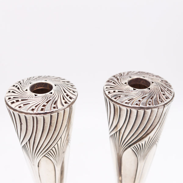 Art Deco 1930 Pair Of Geometric Table Flowers Vases In Solid .925 Sterling Silver