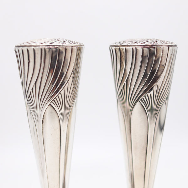 Art Deco 1930 Pair Of Geometric Table Flowers Vases In Solid .925 Sterling Silver