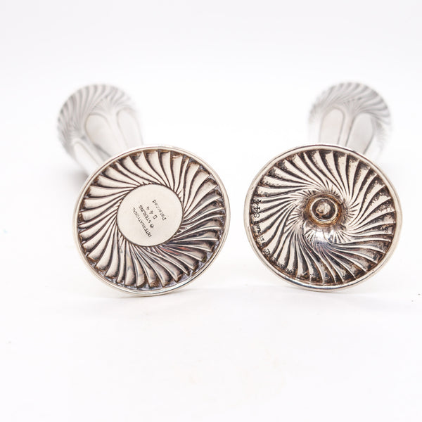 Art Deco 1930 Pair Of Geometric Table Flowers Vases In Solid .925 Sterling Silver