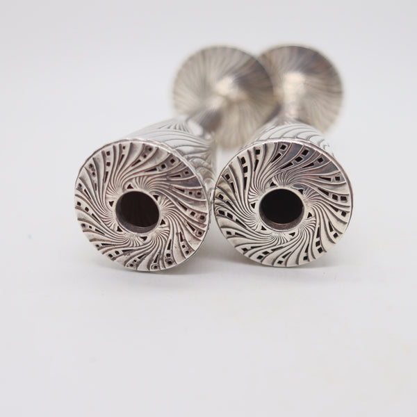 Art Deco 1930 Pair Of Geometric Table Flowers Vases In Solid .925 Sterling Silver