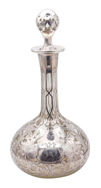 ART NOUVEAU 1900 Clear Glass Decanter-Bottle With Overlay .999 Sterling Silver