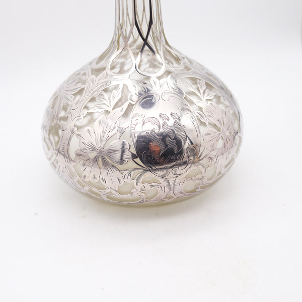 ART NOUVEAU 1900 Clear Glass Decanter-Bottle With Overlay .999 Sterling Silver